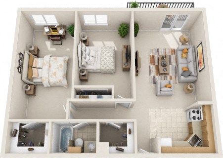 Floor plan for 2 beds, 1 bath, 865 sqft